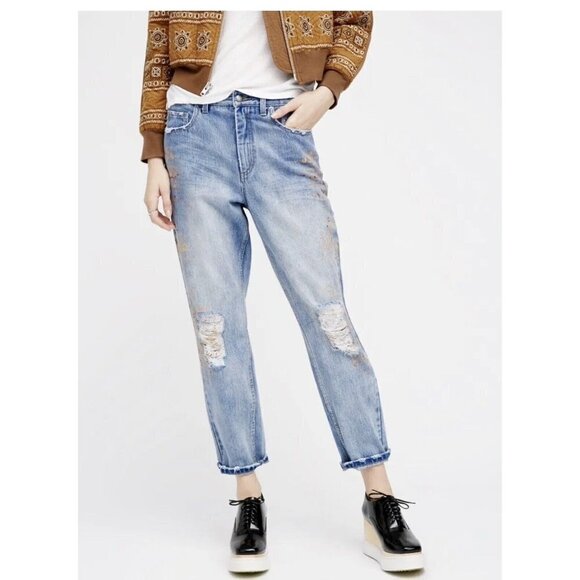 Free People Jeans Distress Gold Paint Stencil & Destroyed Distressed 27 Ohio - Picture 1 of 9